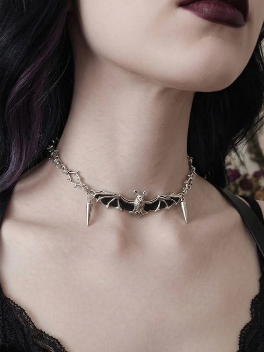 Hand Crafted Gothic Bat Wing Spike Choker Necklace